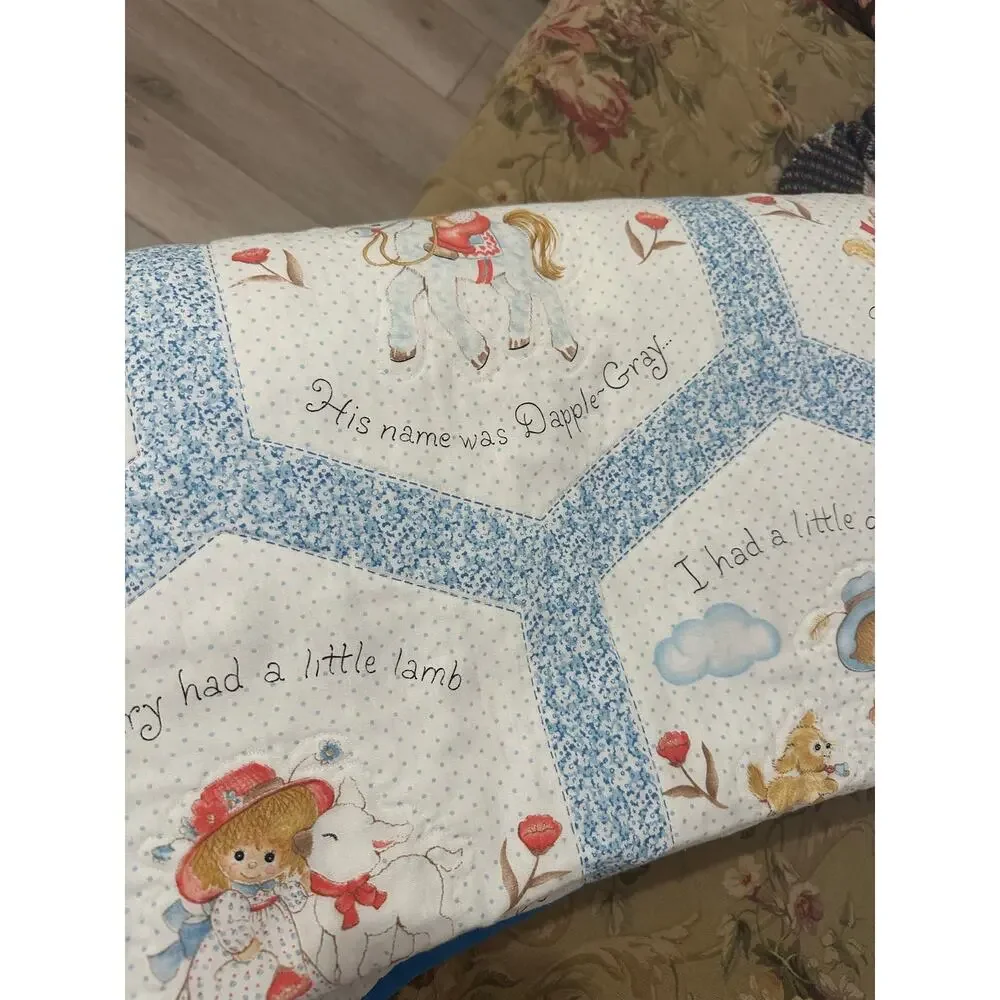 Vintage 1980s Baby Quilt Featuring Hexagon Panels Nursery Rhyme Motif Blue Twin